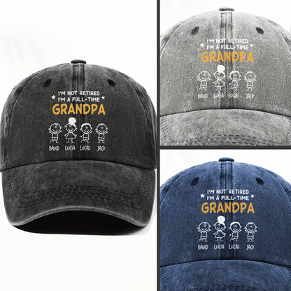 I'm Not Retired I'm A Full-Time Grandpa, Stick Figures - Personalized Custom Washed Denim Cap - GRP049_WDCAP