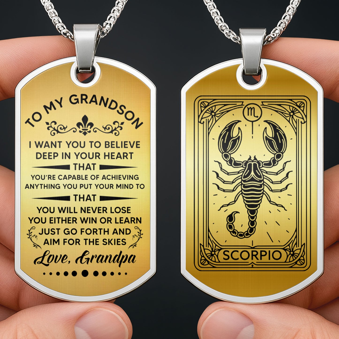 To My Grandson, Believe In Your Heart, Aim For The Skies - Personalized Custom Dog Tag Necklace - GSN001_DTNECK