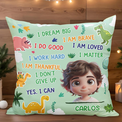 I Dream Big, I Am Brave, Kids Motivational Quotes Pillow With Dinosaurs - Personalized Custom Pillow, Insert Included - GSN006_PLW