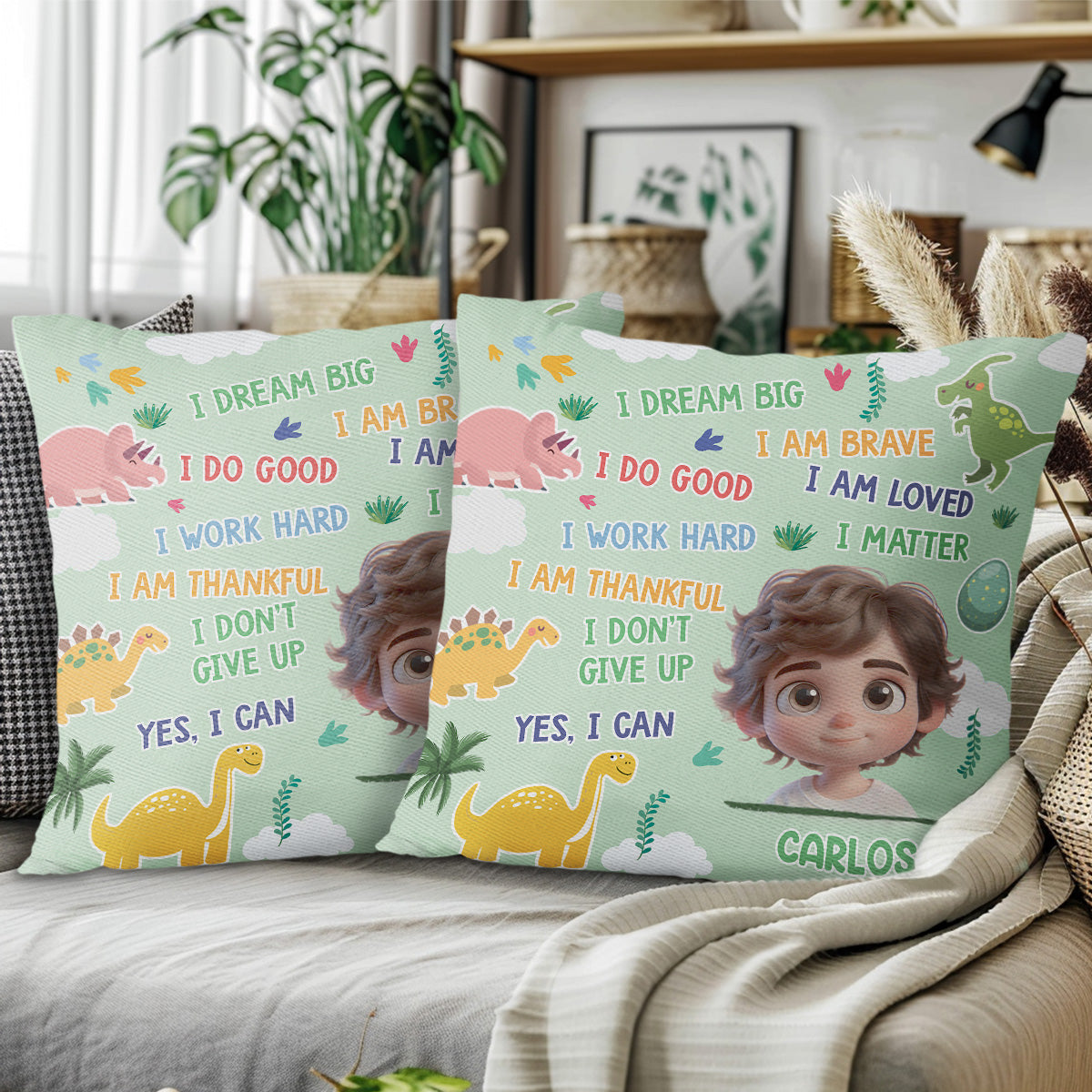 I Dream Big, I Am Brave, Kids Motivational Quotes Pillow With Dinosaurs - Personalized Custom Pillow, Insert Included - GSN006_PLW