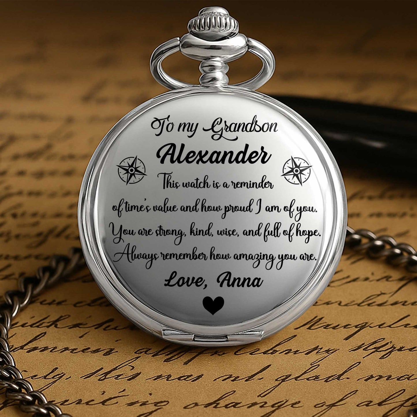 I Hope That Every Time You Look At This Watch, Compass Rose, Heart - Personalized Silver Plated Pocket Watch - GSN008_SWATCH