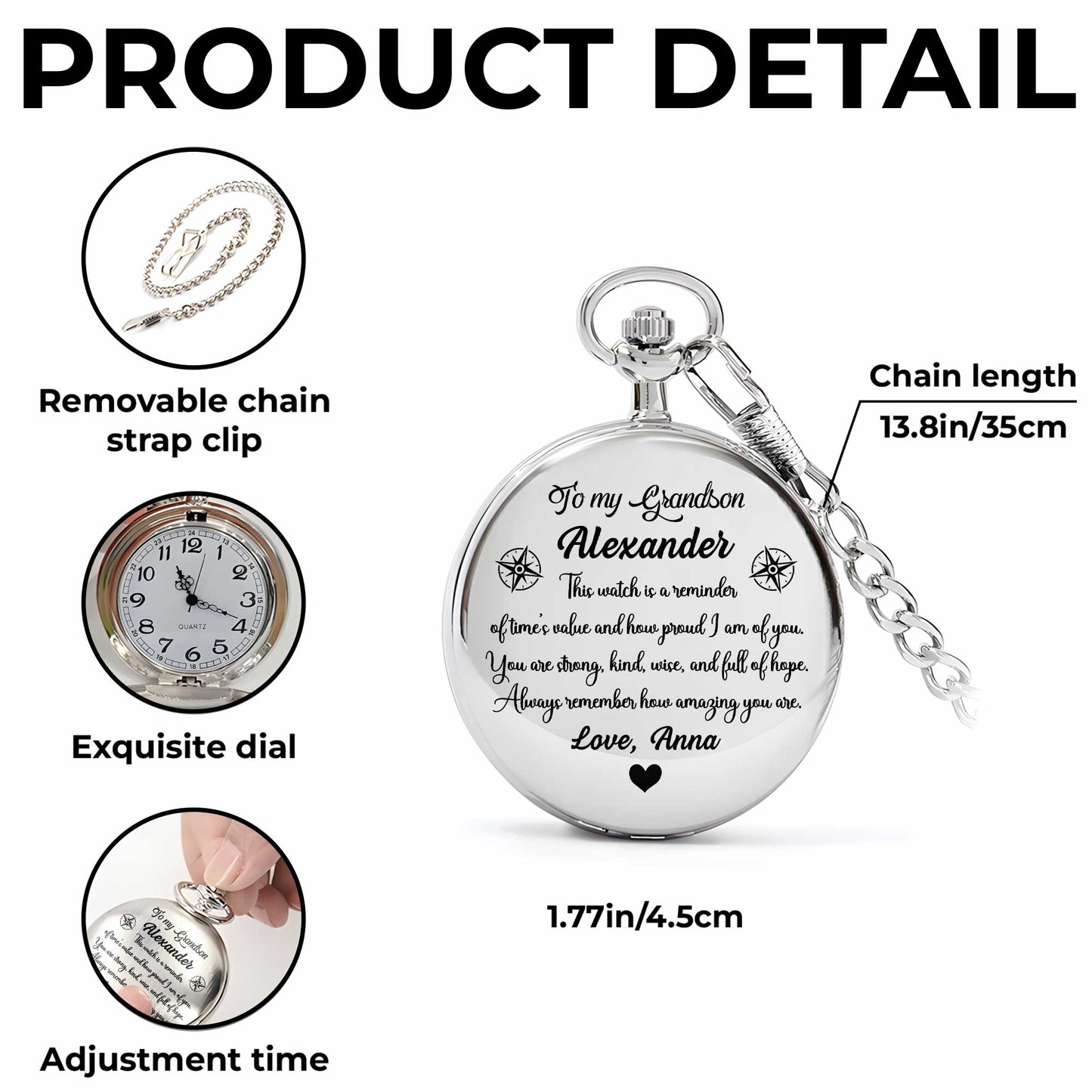 I Hope That Every Time You Look At This Watch, Compass Rose, Heart - Personalized Silver Plated Pocket Watch - GSN008_SWATCH