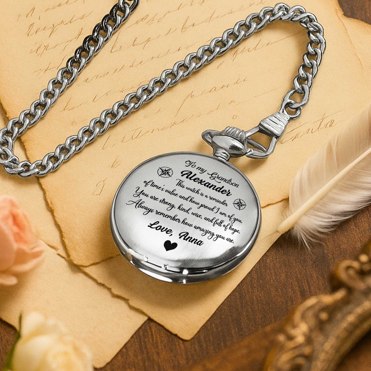 I Hope That Every Time You Look At This Watch, Compass Rose, Heart - Personalized Silver Plated Pocket Watch - GSN008_SWATCH