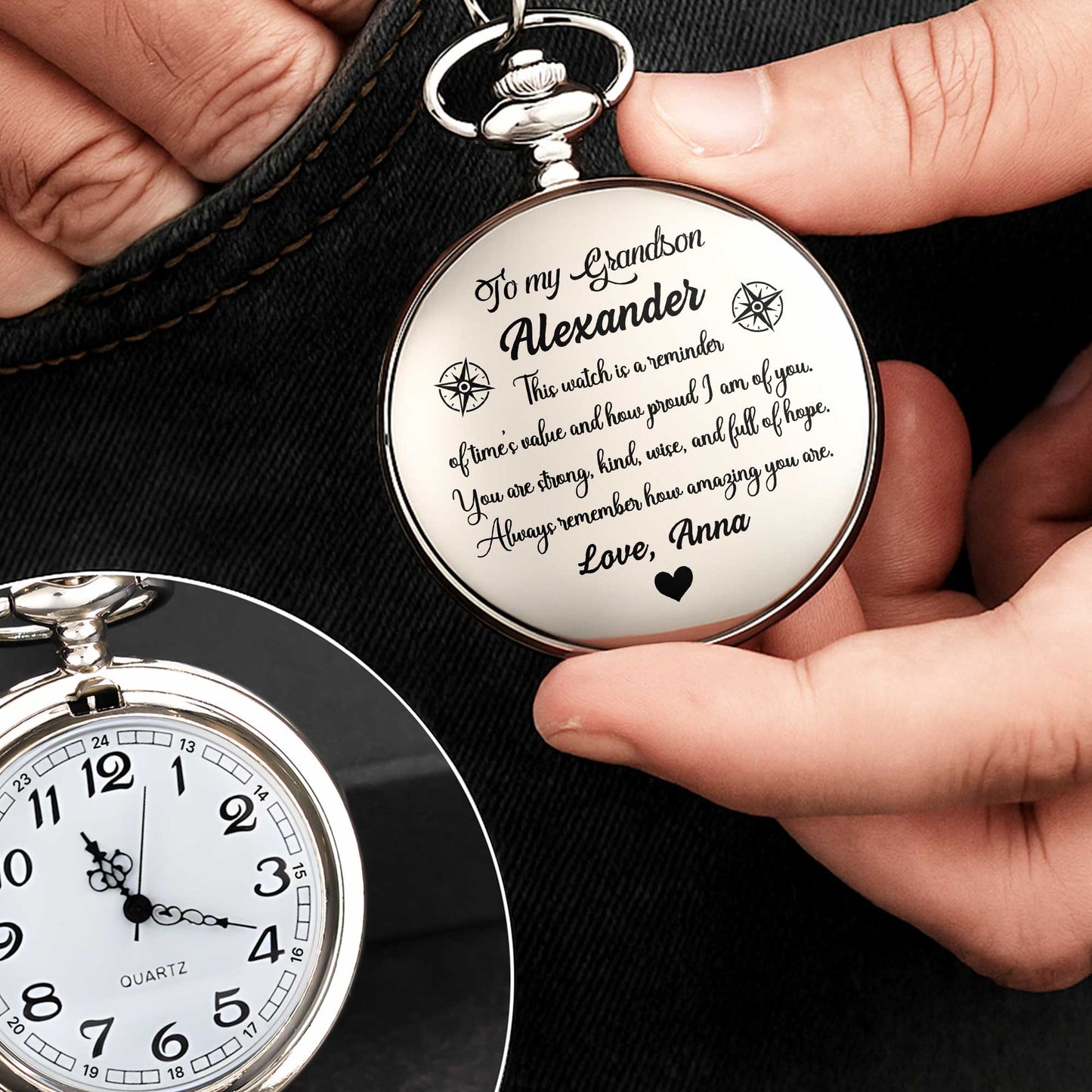 I Hope That Every Time You Look At This Watch, Compass Rose, Heart - Personalized Silver Plated Pocket Watch - GSN008_SWATCH