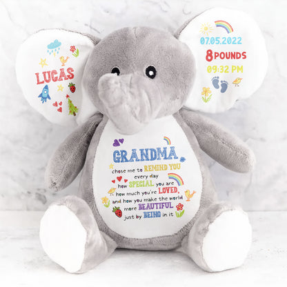 Grand-mère m'a choisi pour te le rappeler, éléphant avec cœurs et arc-en-ciel - Peluche éléphant personnalisée, poupée éléphant - GSN026_ELEA