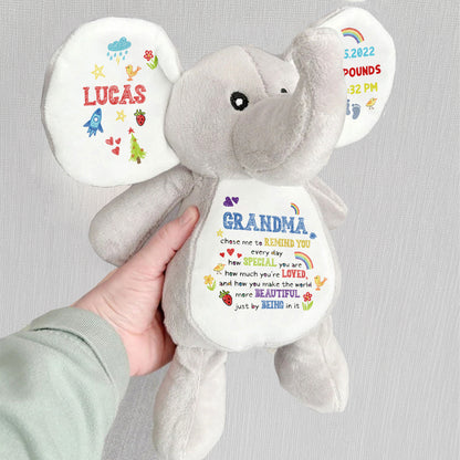 Grand-mère m'a choisi pour te le rappeler, éléphant avec cœurs et arc-en-ciel - Peluche éléphant personnalisée, poupée éléphant - GSN026_ELEA