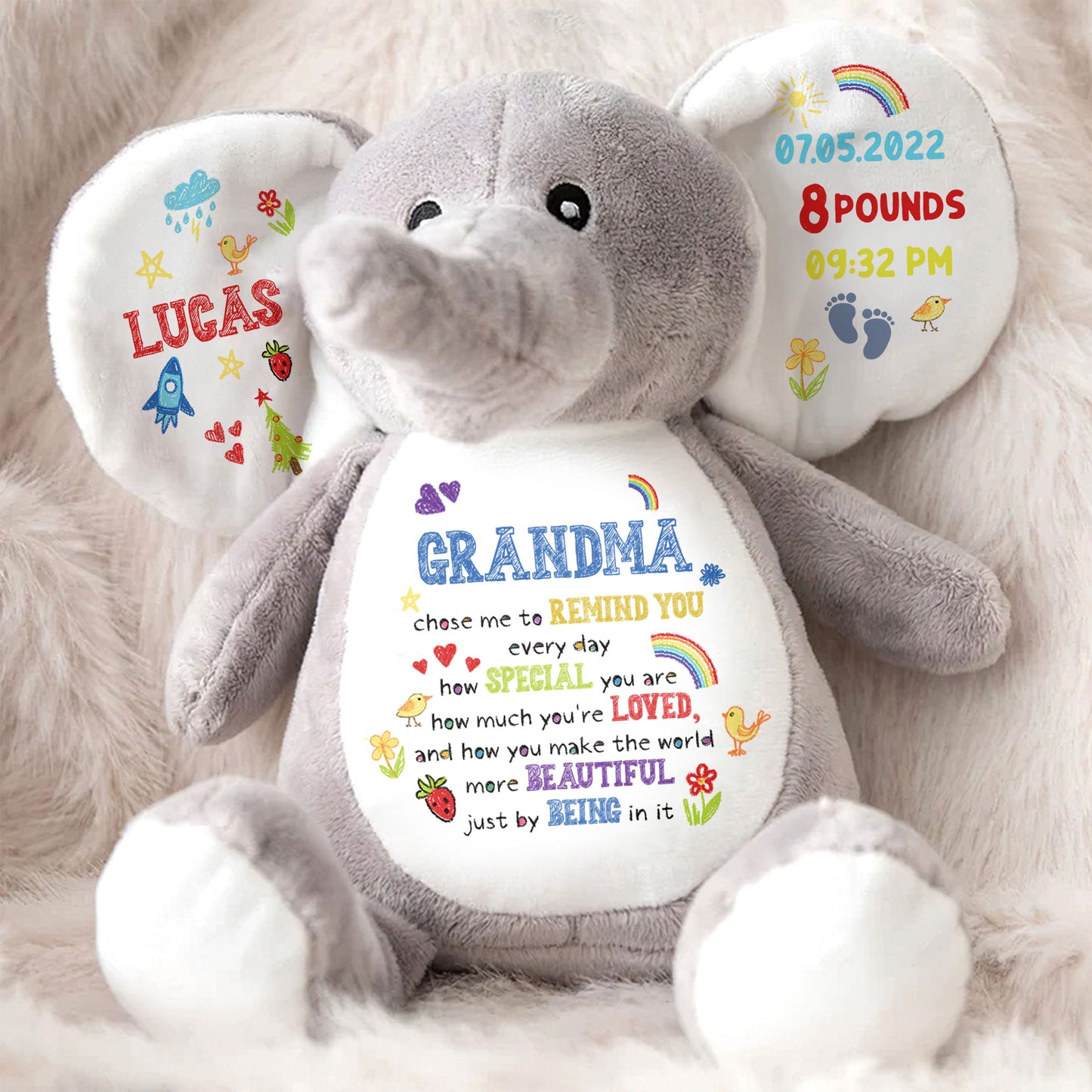 Grand-mère m'a choisi pour te le rappeler, éléphant avec cœurs et arc-en-ciel - Peluche éléphant personnalisée, poupée éléphant - GSN026_ELEA