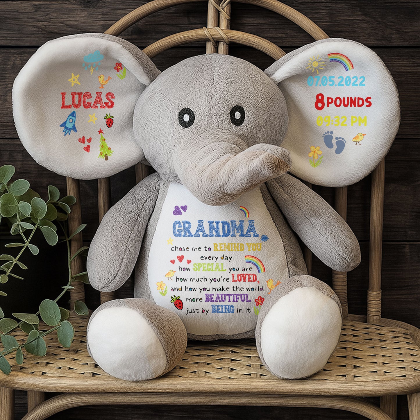 Grand-mère m'a choisi pour te le rappeler, éléphant avec cœurs et arc-en-ciel - Peluche éléphant personnalisée, poupée éléphant - GSN026_ELEA