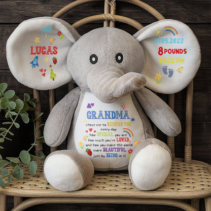 Grand-mère m'a choisi pour te le rappeler, éléphant avec cœurs et arc-en-ciel - Peluche éléphant personnalisée, poupée éléphant - GSN026_ELEA