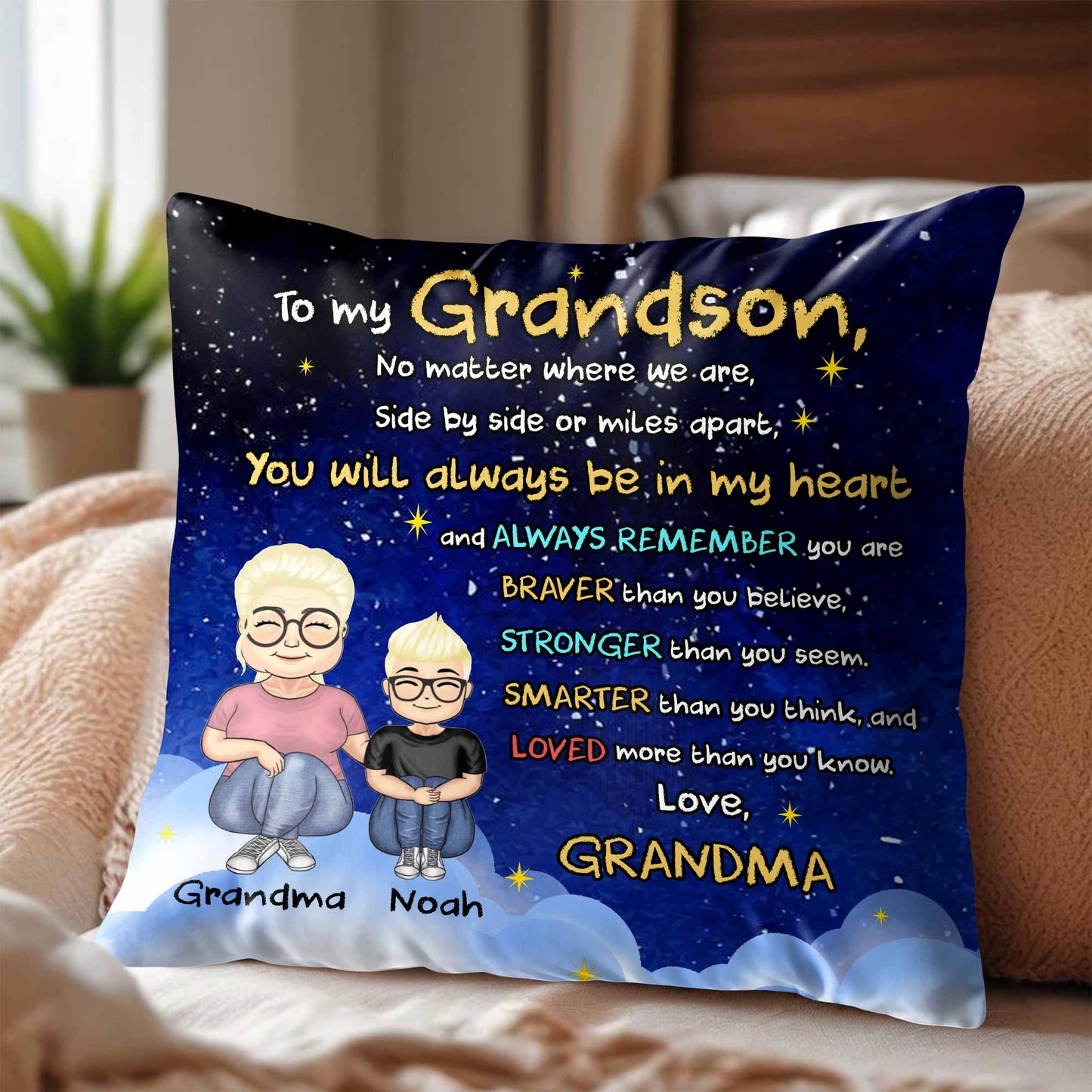 To My Grandson, No Matter Where We Are, Side By Side Or Miles Apart, Cartoon Characters - Personalized Custom Pillow, Insert Included - GSN036_PLW
