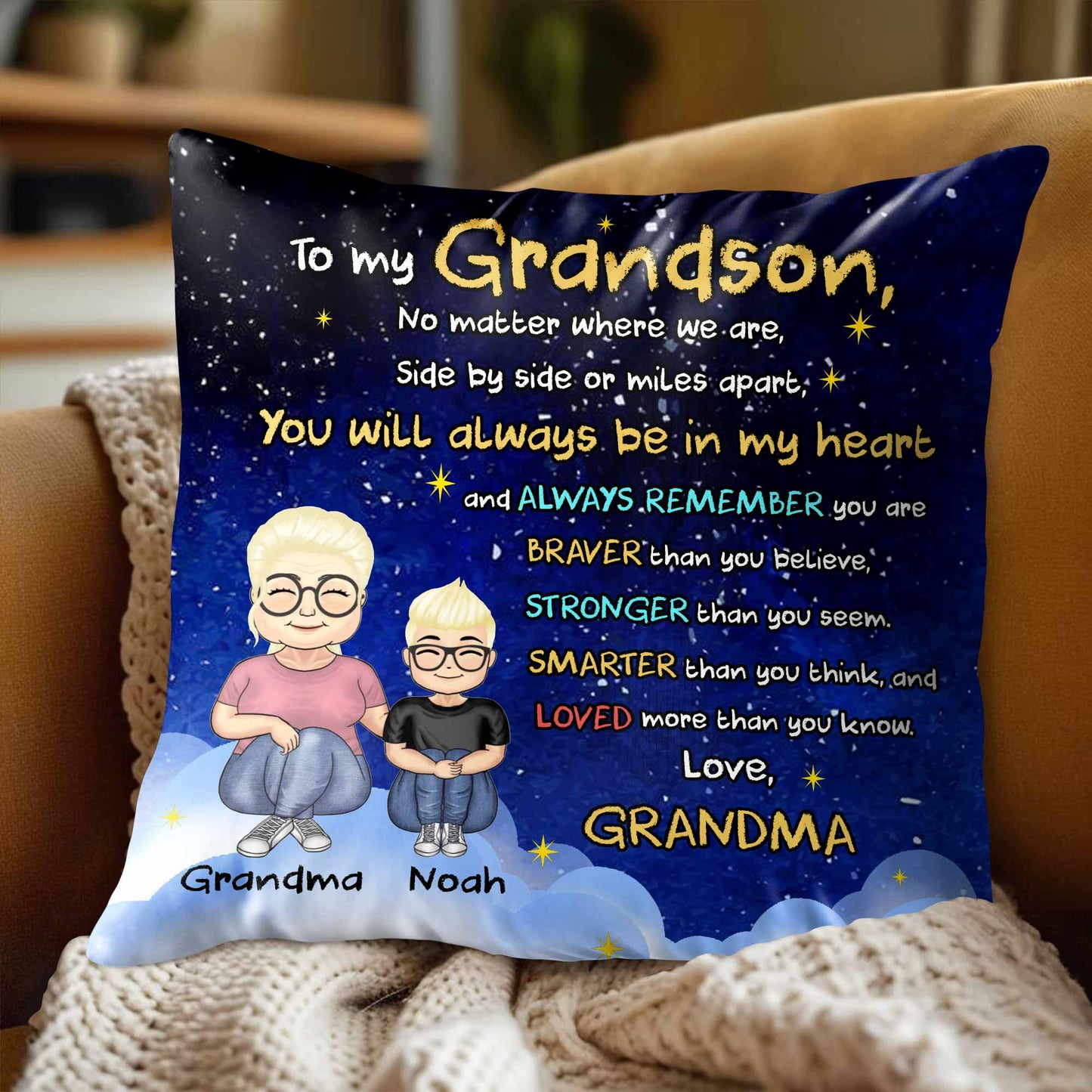 To My Grandson, No Matter Where We Are, Side By Side Or Miles Apart, Cartoon Characters - Personalized Custom Pillow, Insert Included - GSN036_PLW