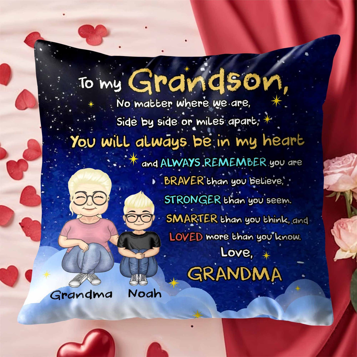 To My Grandson, No Matter Where We Are, Side By Side Or Miles Apart, Cartoon Characters - Personalized Custom Pillow, Insert Included - GSN036_PLW