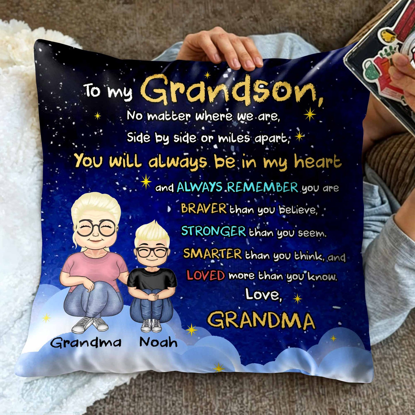 To My Grandson, No Matter Where We Are, Side By Side Or Miles Apart, Cartoon Characters - Personalized Custom Pillow, Insert Included - GSN036_PLW