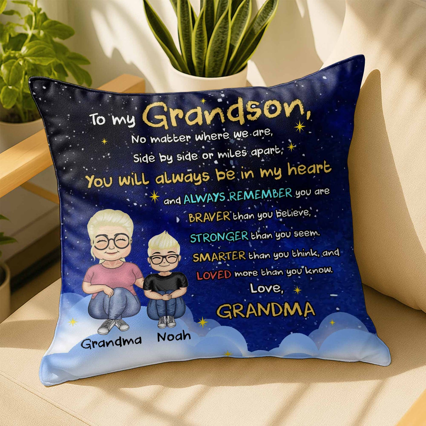 To My Grandson, No Matter Where We Are, Side By Side Or Miles Apart, Cartoon Characters - Personalized Custom Pillow, Insert Included - GSN036_PLW