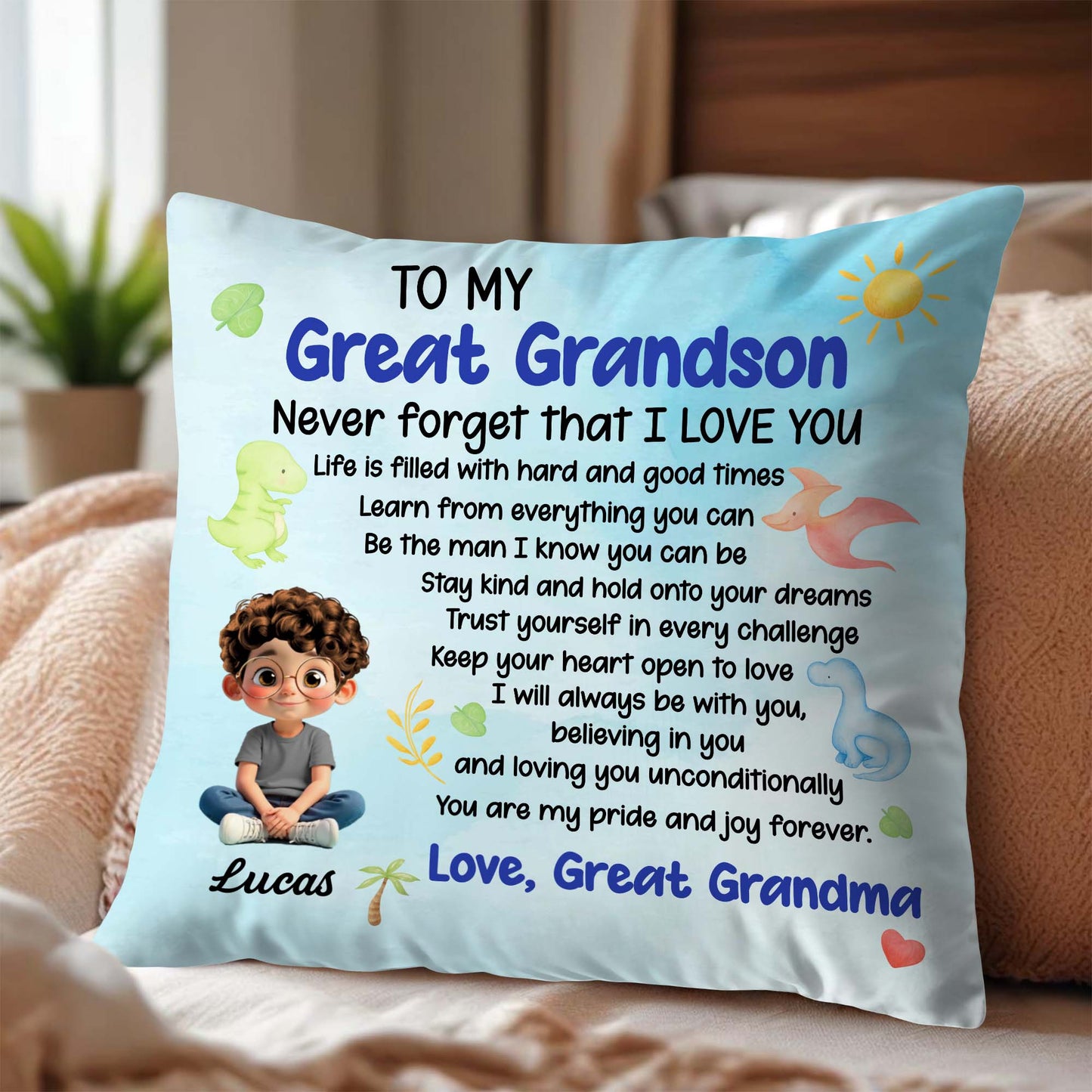 Never Forget That I LOVE YOU, Boy, Sun, Butterflies - Personalized Custom Pillow, Insert Included - GSN053_PLW