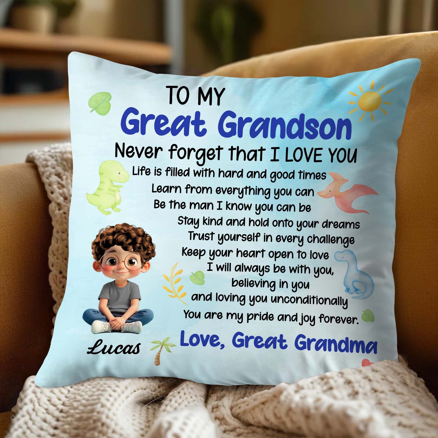 Never Forget That I LOVE YOU, Boy, Sun, Butterflies - Personalized Custom Pillow, Insert Included - GSN053_PLW