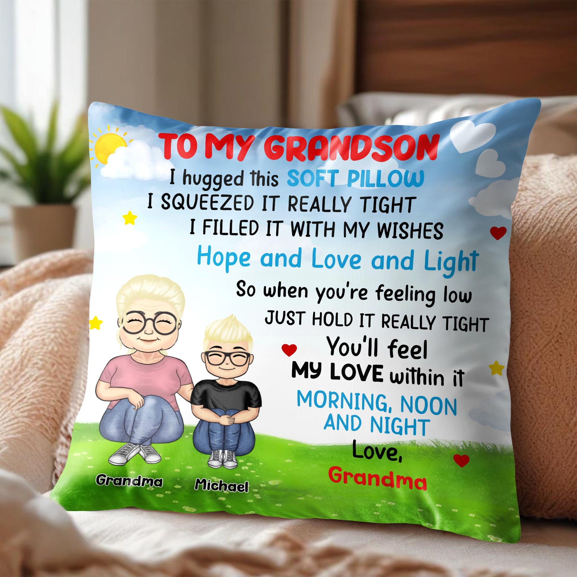To My Grandson Love And Wishes Pillow With Hearts And Stars