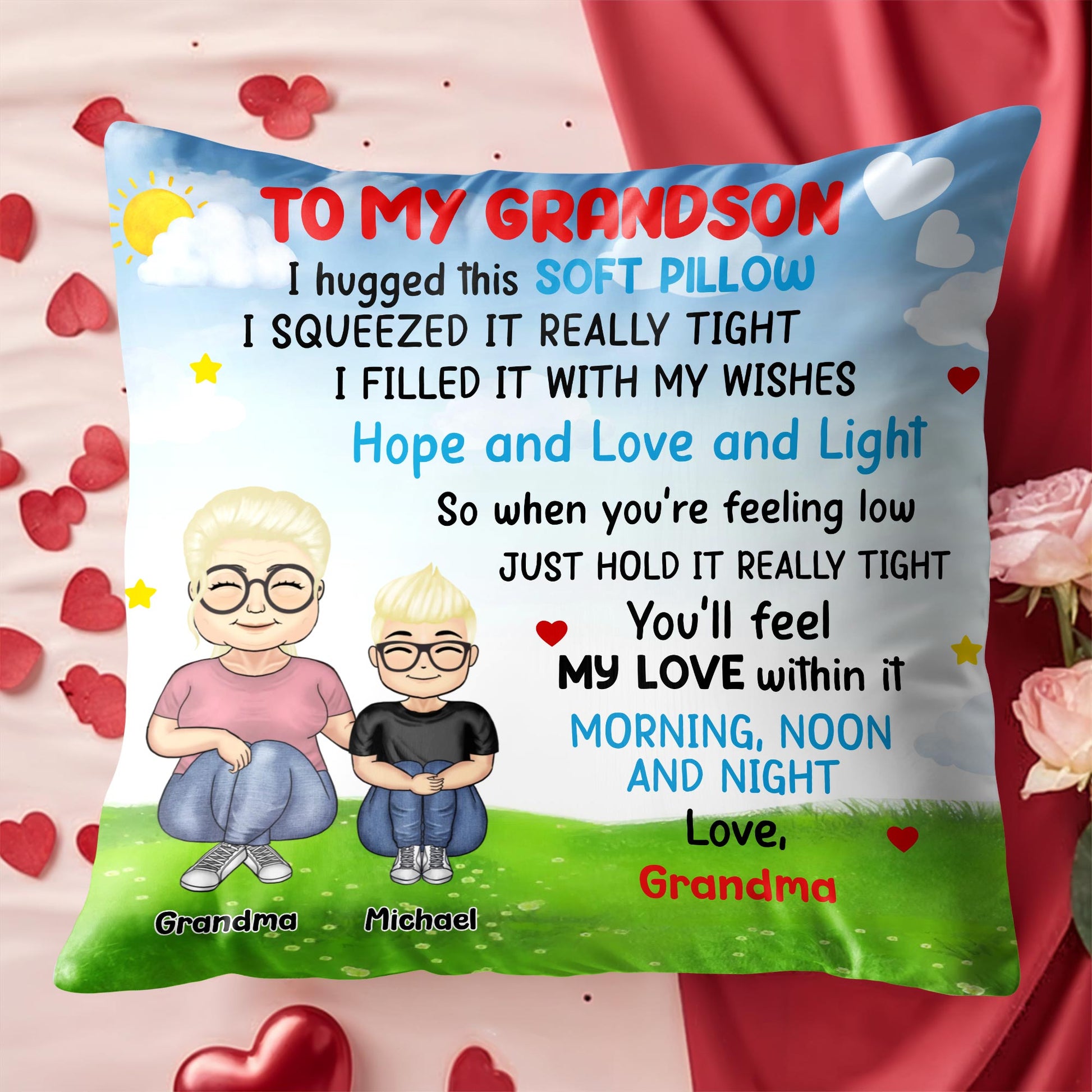 To My Grandson Love And Wishes Pillow With Hearts And Stars