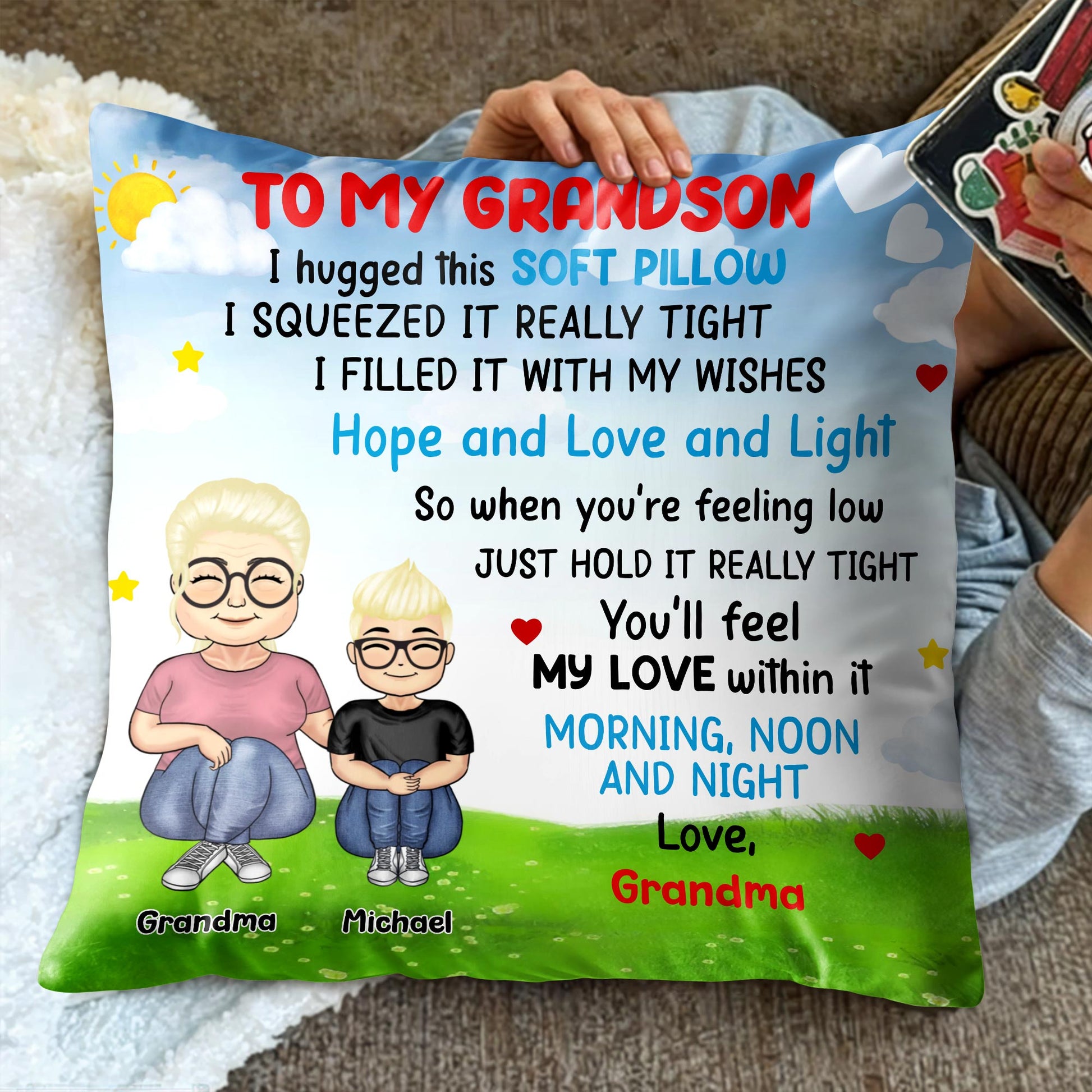 To My Grandson Love And Wishes Pillow With Hearts And Stars