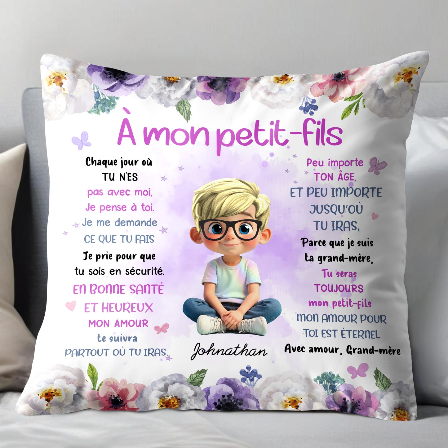 To My Grandson, Wishes From Grandma, Flowers And Boy - Personalized Custom Pillow, Insert Included - GSN064_PLW