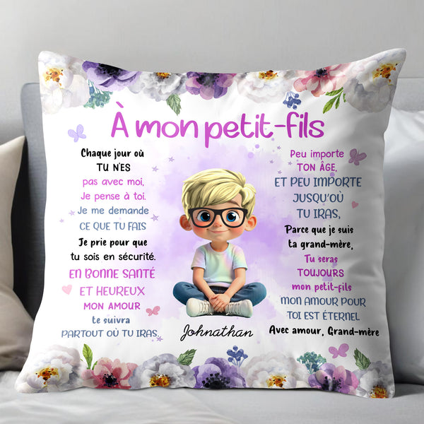To My Grandson, Wishes From Grandma, Flowers And Boy - Personalized Custom Pillow, Insert Included - GSN064_PLW