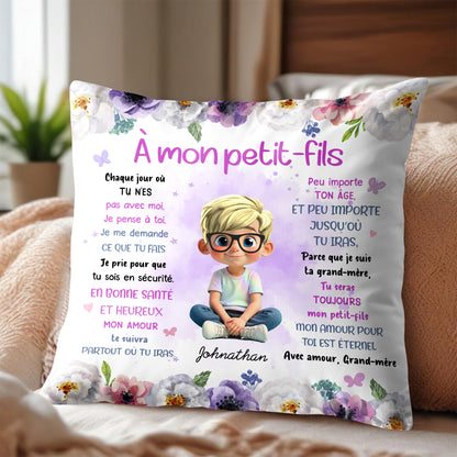 To My Grandson, Wishes From Grandma, Flowers And Boy - Personalized Custom Pillow, Insert Included - GSN064_PLW