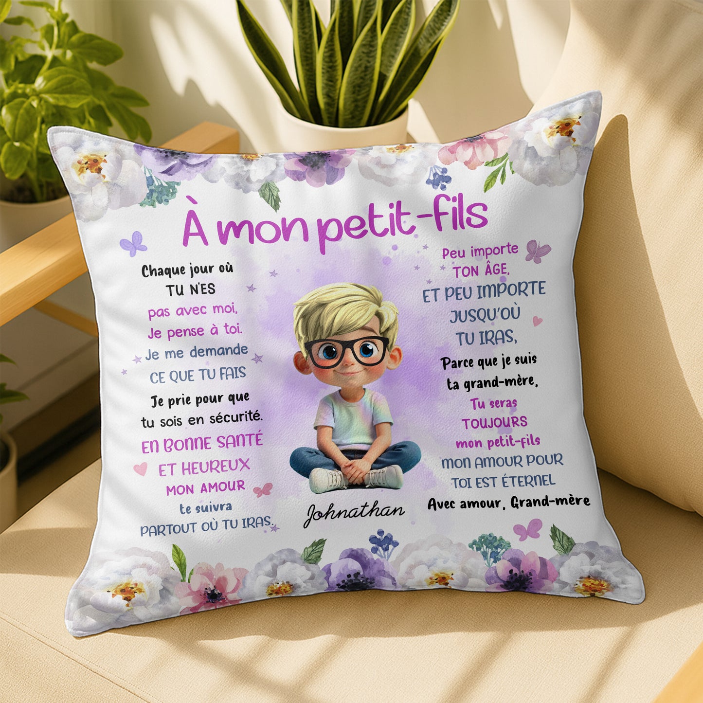 To My Grandson, Wishes From Grandma, Flowers And Boy - Personalized Custom Pillow, Insert Included - GSN064_PLW