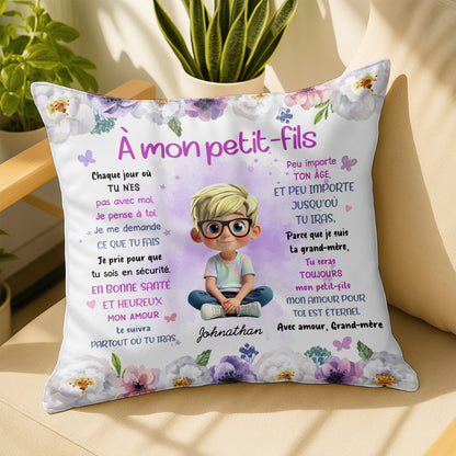 To My Grandson, Wishes From Grandma, Flowers And Boy - Personalized Custom Pillow, Insert Included - GSN064_PLW