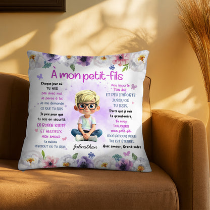 To My Grandson, Wishes From Grandma, Flowers And Boy - Personalized Custom Pillow, Insert Included - GSN064_PLW