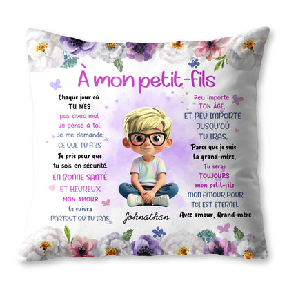 To My Grandson, Wishes From Grandma, Flowers And Boy - Personalized Custom Pillow, Insert Included - GSN064_PLW