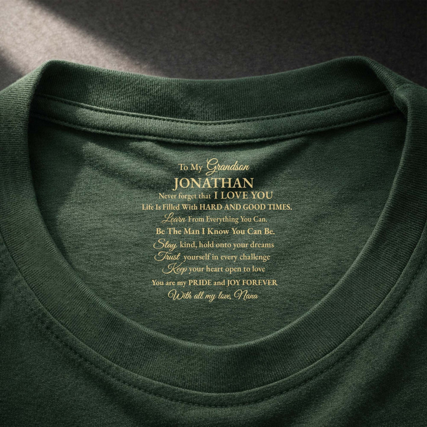 To My Grandson Never Forget That I Love You Personalized Message - Personalized Custom Inside Neck Print T-Shirt - GSN070_BCBAS