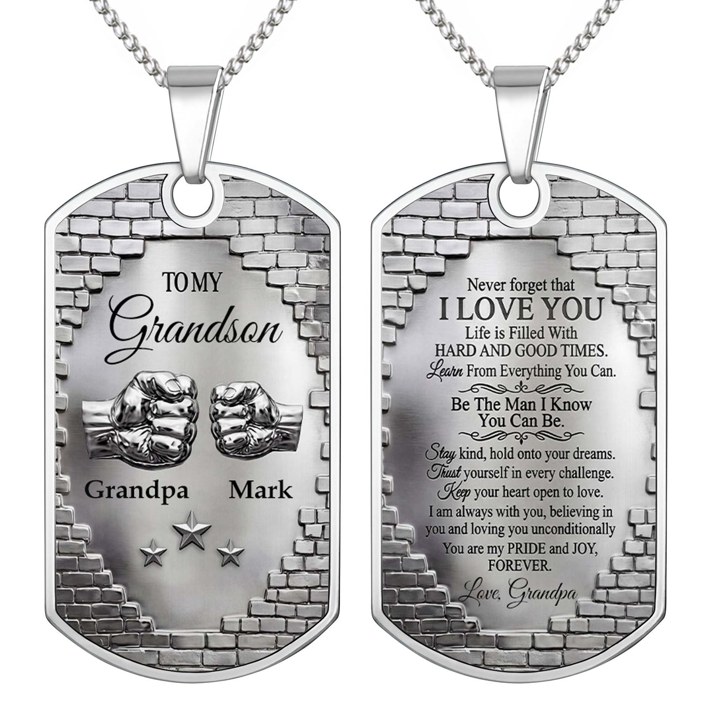 To My Grandson Fist Bump And Stars Brick Wall - Personalized Custom Dog Tag Necklace - GSN078_DTNECK