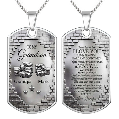 To My Grandson Fist Bump And Stars Brick Wall - Personalized Custom Dog Tag Necklace - GSN078_DTNECK