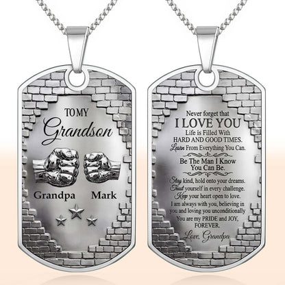 To My Grandson Fist Bump And Stars Brick Wall - Personalized Custom Dog Tag Necklace - GSN078_DTNECK