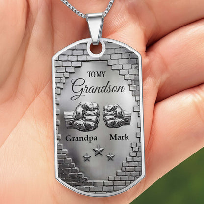 To My Grandson Fist Bump And Stars Brick Wall - Personalized Custom Dog Tag Necklace - GSN078_DTNECK