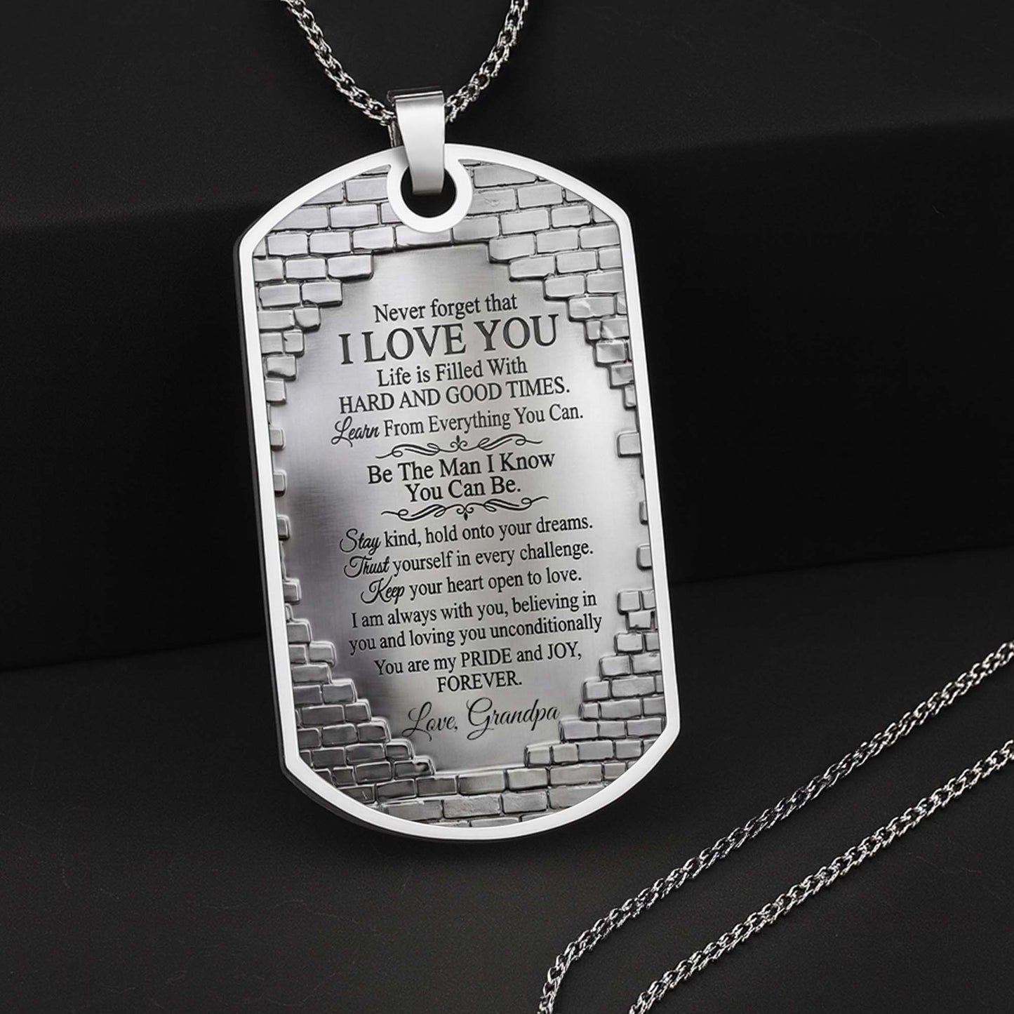 To My Grandson Fist Bump And Stars Brick Wall - Personalized Custom Dog Tag Necklace - GSN078_DTNECK