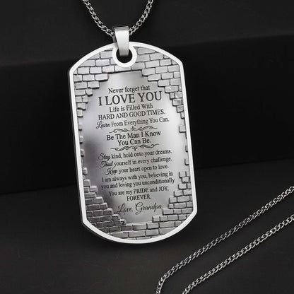 To My Grandson Fist Bump And Stars Brick Wall - Personalized Custom Dog Tag Necklace - GSN078_DTNECK