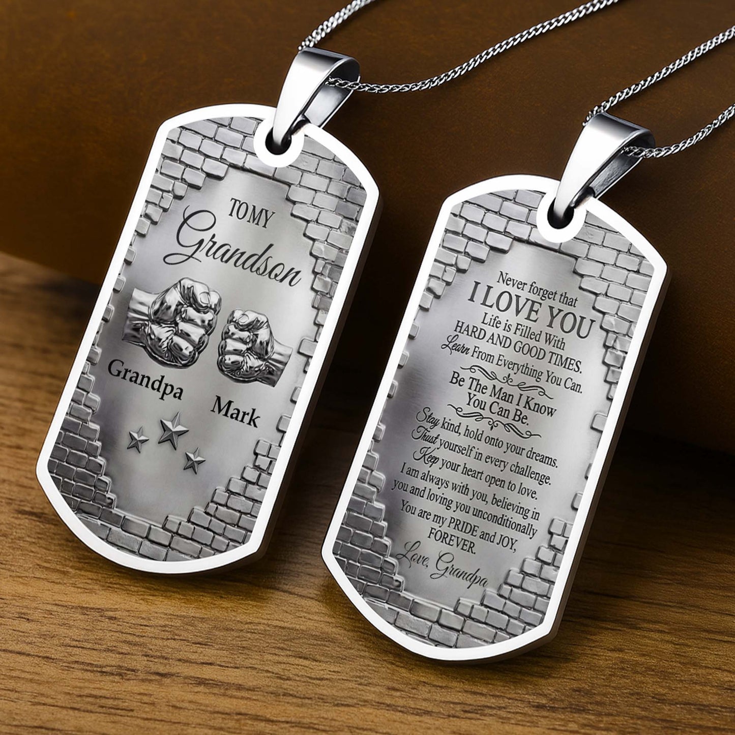 To My Grandson Fist Bump And Stars Brick Wall - Personalized Custom Dog Tag Necklace - GSN078_DTNECK