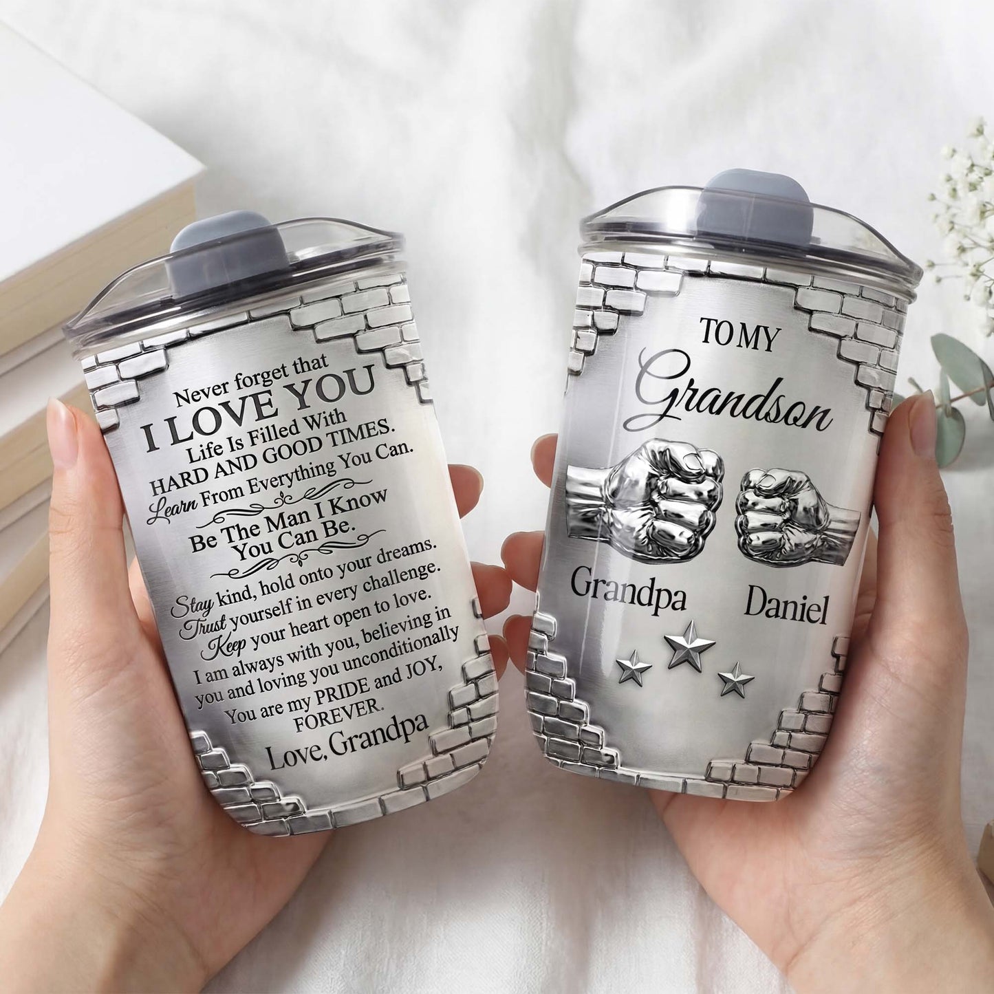 To My Grandson Fist Bump Brick Wall Metallic Style - Personalized Custom 10oz Tumbler - GSN078_MTUM