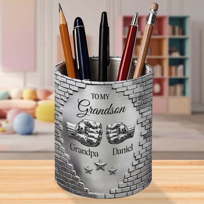 To My Grandson Fist Bump Metallic Brick Wall Design - Personalized Pen Holder - GSN078_PENH