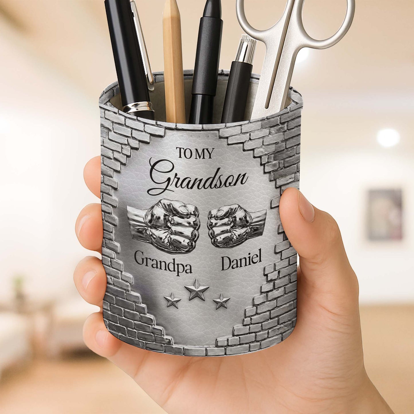 To My Grandson Fist Bump Metallic Brick Wall Design - Personalized Pen Holder - GSN078_PENH