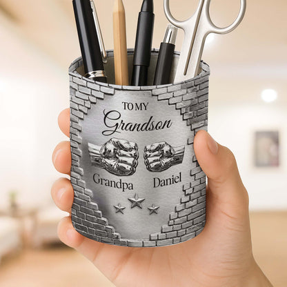 To My Grandson Fist Bump Metallic Brick Wall Design - Personalized Pen Holder - GSN078_PENH