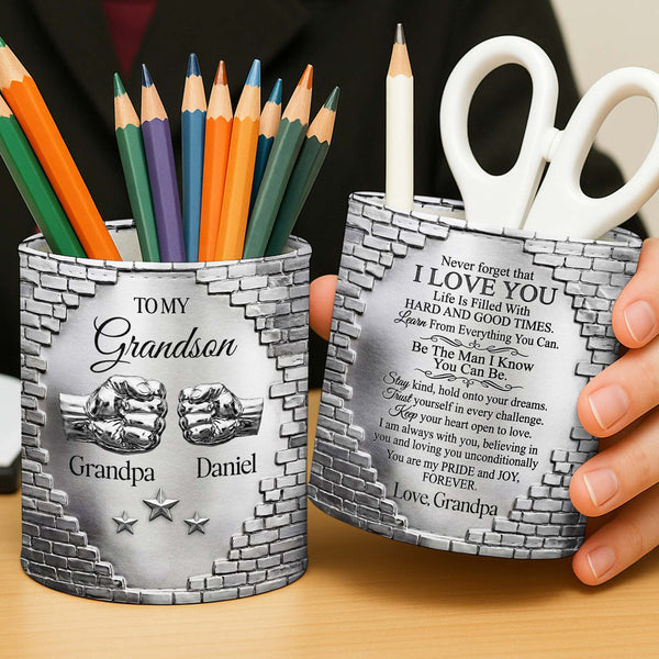 To My Grandson Fist Bump Metallic Brick Wall Design - Personalized Pen Holder - GSN078_PENH