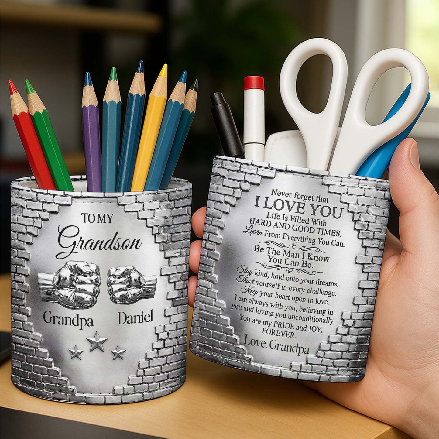 To My Grandson Fist Bump Metallic Brick Wall Design - Personalized Pen Holder - GSN078_PENH