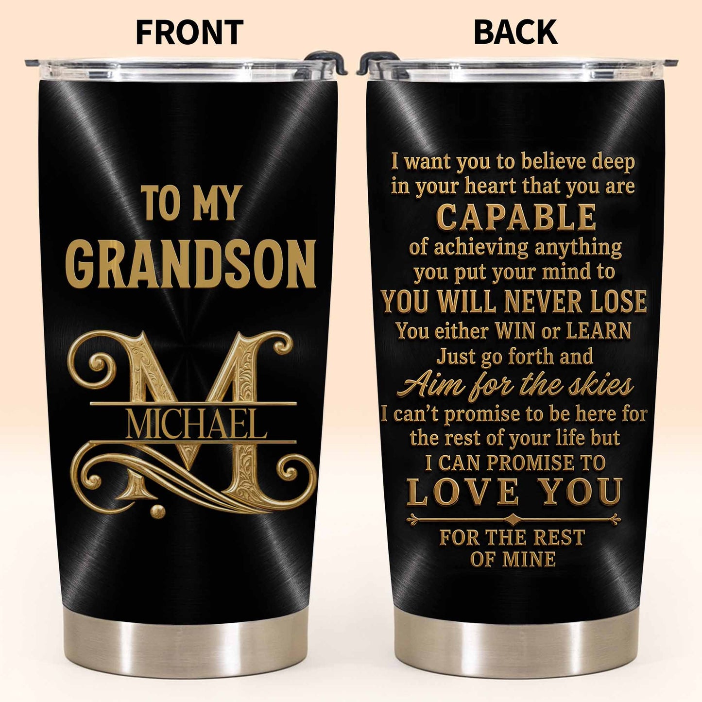 To My Grandson Believe Deep In Your Heart Golden Alphabet Art - Personalized Custom Stainless Steel Tumbler 20oz - GSN086_USTUM