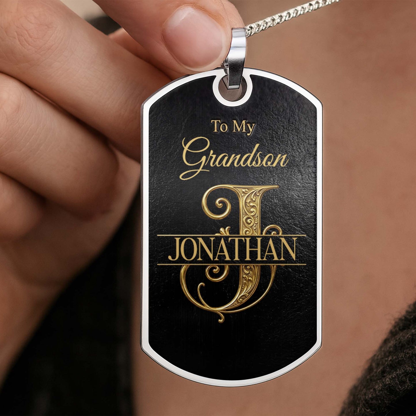 To My Grandson Initial Name With Vintage Gold Ornament - Personalized Custom Dog Tag Necklace - GSN097_DTNECK