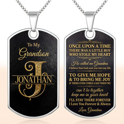 To My Grandson Initial Name With Vintage Gold Ornament - Personalized Custom Dog Tag Necklace - GSN097_DTNECK