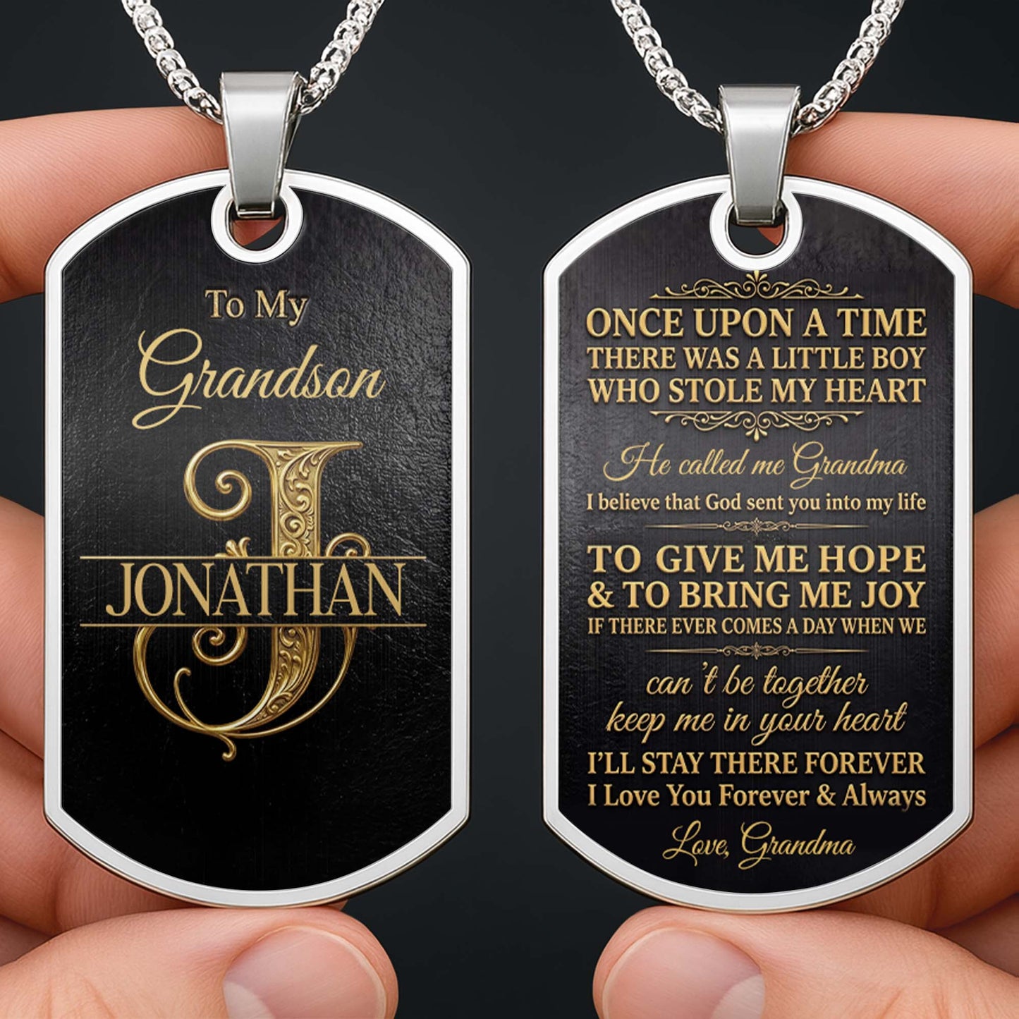 To My Grandson Initial Name With Vintage Gold Ornament - Personalized Custom Dog Tag Necklace - GSN097_DTNECK