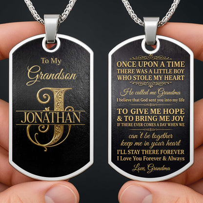 To My Grandson Initial Name With Vintage Gold Ornament - Personalized Custom Dog Tag Necklace - GSN097_DTNECK