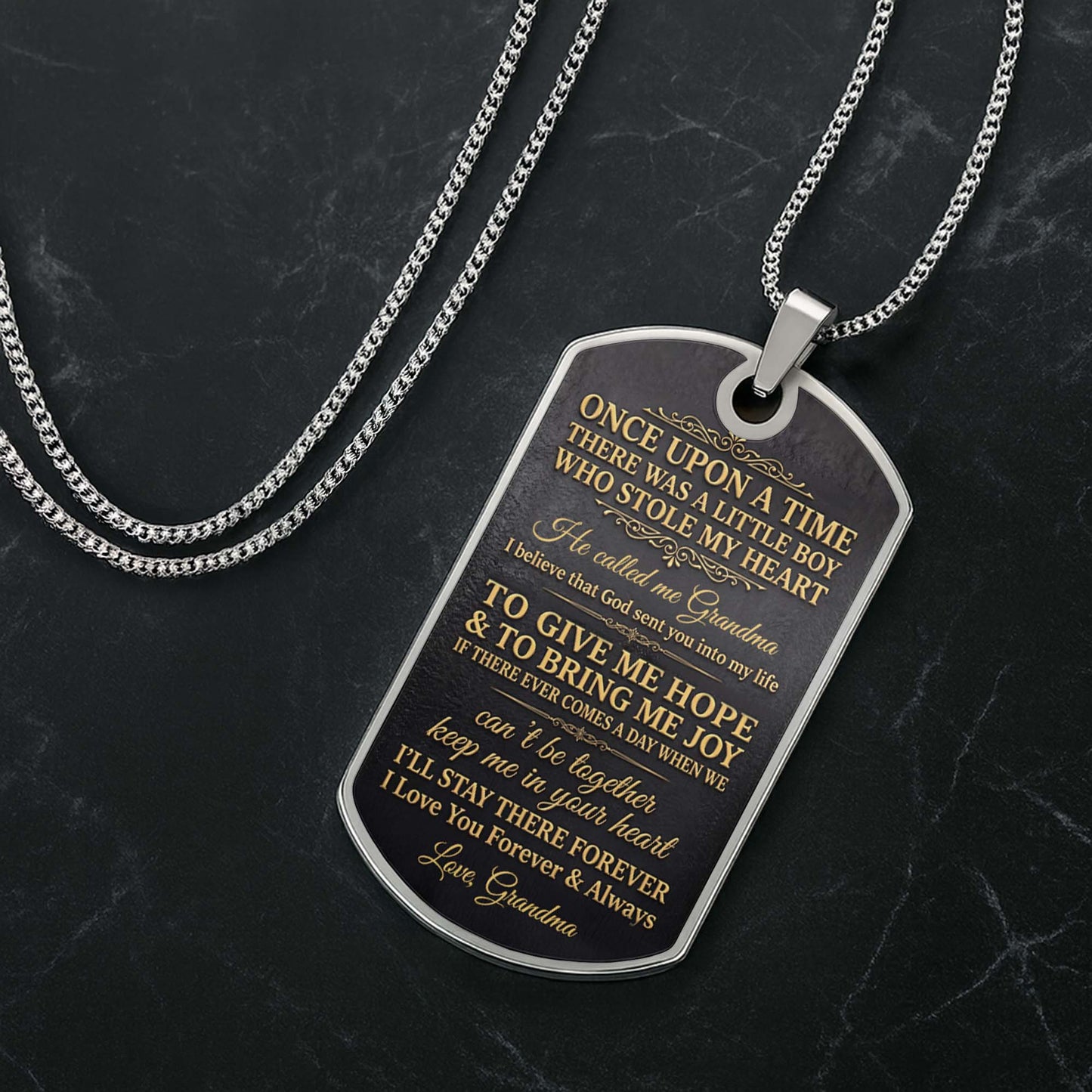 To My Grandson Initial Name With Vintage Gold Ornament - Personalized Custom Dog Tag Necklace - GSN097_DTNECK